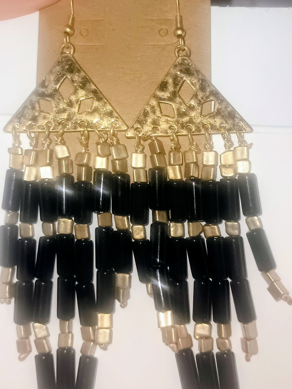 Gold and Black Beaded Fringe Earrings - Women Jewelry